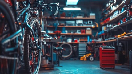 Naklejka premium Detailed chain lubrication process in a professional bicycle repair shop with bike racks and tools