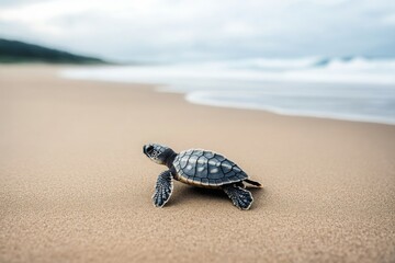 A Baby Sea Turtle Making Its Way Across A Serene Beach with Soft Sand and Gentle Waves in the Background Under a Cloudy Sky