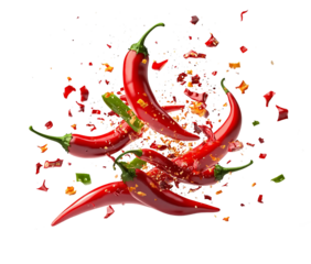 Falling bursting chili peppers on white and transparent background 