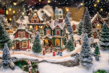 Enchanted Christmas Village Miniature: A Festive Winter Scene with Snow-Covered Houses and Trees