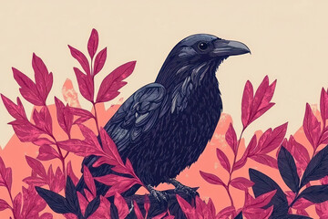 Fototapeta premium Illustration of a raven with red leaves