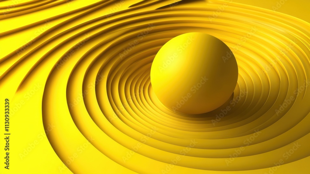 Poster A vibrant yellow sphere rests amidst swirling concentric patterns, creating a dynamic visual flow.