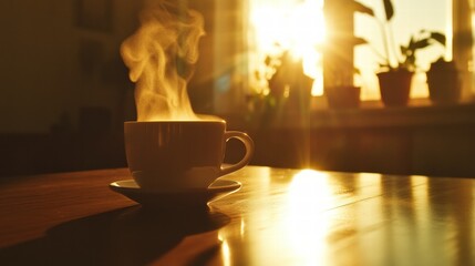 Morning bliss: A steaming cup of coffee basking in the warm sunlight, the perfect start to your day.