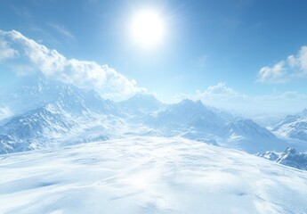 Fototapeta premium Snow-Covered Mountains Under Bright Sunlight in Clear Blue Sky
