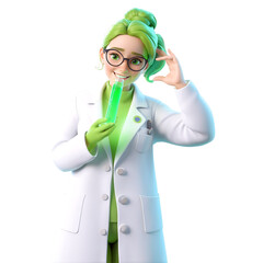 Charming 3D Render of a Female Scientist Holding a Test Tube. Transparent Background.