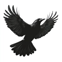 Obraz premium Black raven in flight against a white background.