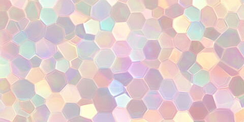 Fototapeta premium Soft pastel abstract background with a hexagonal tile pattern. Glowing lights gently illuminate each hexagon in shades of peach, lavender, and mint, creating a calm, dreamy atmosphere with a