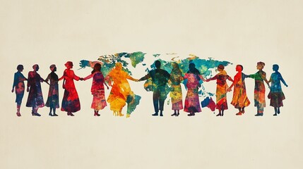 Naklejka premium Colorful figures holding hands, global unity.