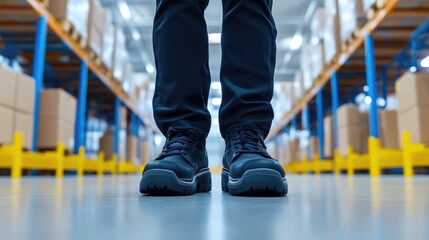 Obraz premium Worker's boots in industrial warehouse setting