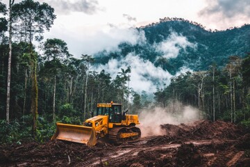 Heavy Machinery Working in Forested Area with Misty Mountains in Background, Bulldozer Clearing Land for Construction, Environmental Impact and Deforestation Concerns