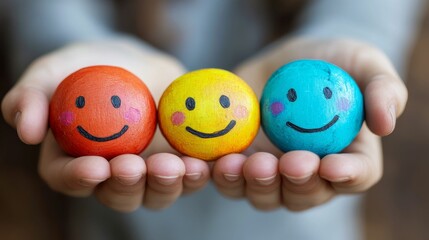 Small painted spheres, happy faces, held gently.