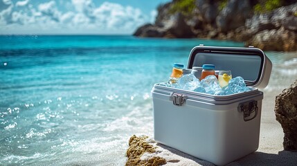 Portable beach cooler with an open lid, filled with refreshing drinks and ice packs, perfect for a day at the beach.