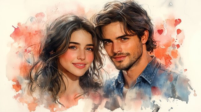A watercolor portrait illustration of a young couple represents happiness, contentment, and love in a Valentine's gift card design