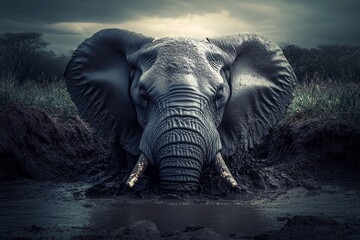 Fototapeta premium Majestic Elephant Emerging from Water in a Dramatic Landscape with Dark Clouds and Lush Greenery Surrounding Its Habitat in a Natural Setting