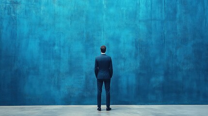 Obraz premium Confident Businessman in Tailored Suit Posing Elegantly Against Striking Blue Wall, Exuding Professionalism and Charisma in Modern Urban Environment