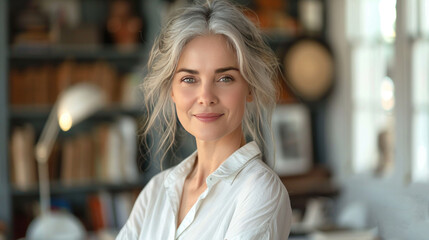 Fototapeta premium A confident, smiling middle-aged young woman with gray hair, wearing a white blouse and standing in a modern office.