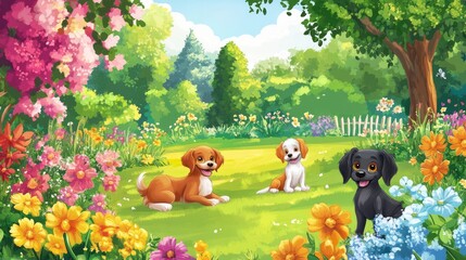 Naklejka premium Park with playful dogs and vibrant flowers, cartoon background, outdoor enjoyment