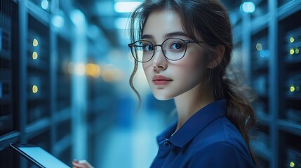 A woman engineer uses a tablet in a server room, representing data center solutions, inspection,...