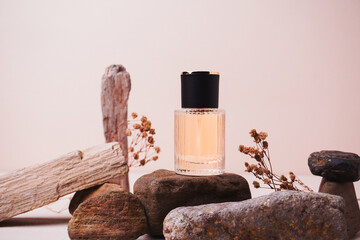 Perfume bottle mockup with cream background, mockup for your perfume product brand