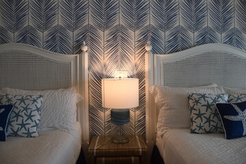 Cute ocean sailor and marine blue and white interior design of a hotel room