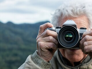 Fototapeta premium An older man holds a camera, capturing the scenic landscape, surrounded by nature and mountains.