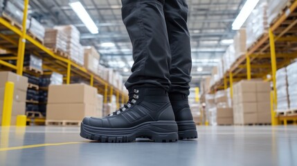 Obraz premium Industrial worker’s boots on factory floor