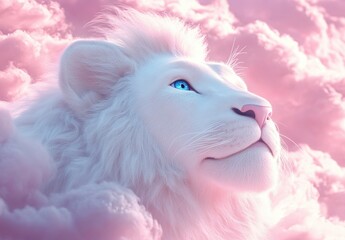 Majestic White Lion Surrounded by Dreamy Pink Clouds in Fantasy Setting