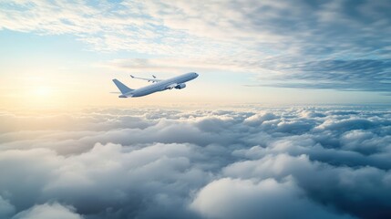 Fototapeta premium Passenger airplane in the sky above the clouds, passenger airplane gear released takes off in sky, beautiful panoramic background with flying plane in blue sky.