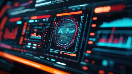 Obraz premium AI in Consumer Behavior and Digital Marketing concept. A futuristic digital interface displaying data visualizations, graphs, and analytics in vibrant colors.