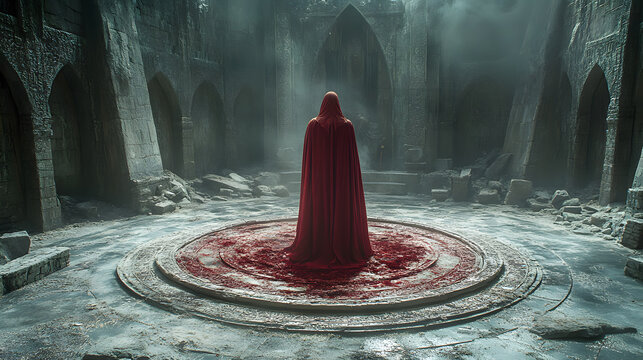 Crimson Ritual in Ruins: A solitary figure in a red cloak stands on a crimson circle within the desolate, mystical ruins of an ancient stone structure, shrouded in an ethereal mist. - Powered by Adobe