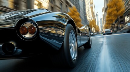 Naklejka premium Black classic car speeding on city street.