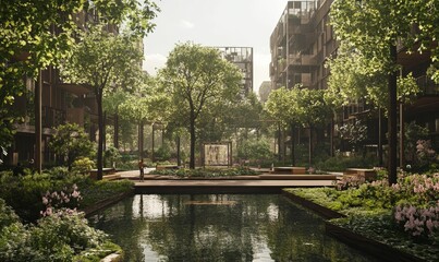 Fototapeta premium Tranquil courtyard, modern buildings, lush greenery, reflective pond.