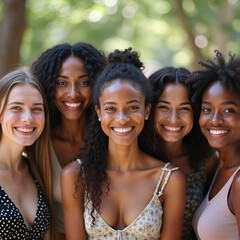 Fototapeta premium Diverse group different nationalities of joyful young women friends smiling together outdoors