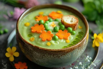 Kid friendly vegetarian pea soup with flower bread carrot and cheese decoration