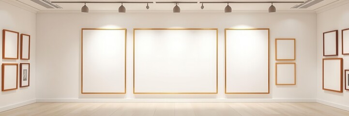 Obraz premium A collection of four hanging gallery frames mockups in various sizes and orientations on a white wall background, showcase, design, concept