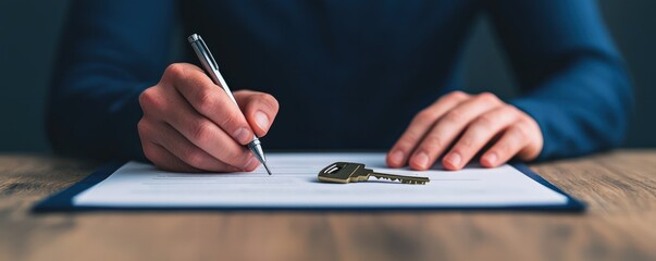 A person is signing a document with keys on the table, suggesting a transaction or agreement, possibly related to property or ownership.