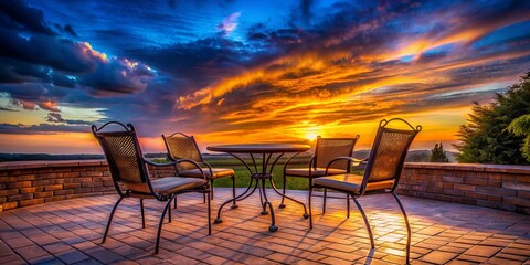 Silhouette Brick Patio Sunset: Cozy Chairs, Table, Warm Evening, Outdoor Scene, Backyard, Relaxation