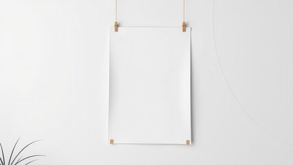 A poster mockup hanging on clips on a white wall in a modern home interior, poster, decor, wall