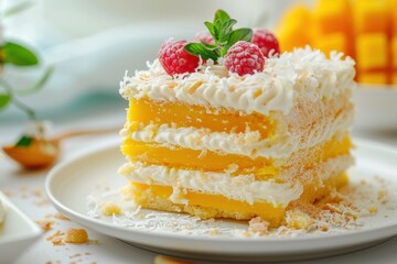 Layered mango cake with coconut cream cheese frosting Food background Close up
