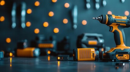 Closeup of power tools with interchangeable batteries, glowing with vibrant LED accents