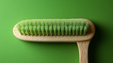 A wooden brush on a green background represents a clean home and kitchen with copyspace