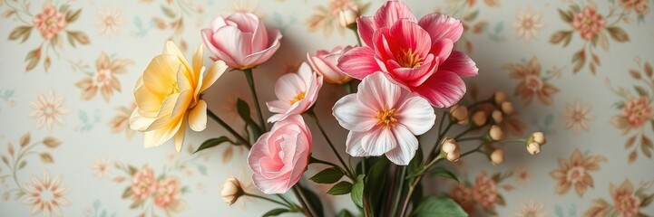 Naklejka premium Artificial flowers wall in vintage style with vibrant blooms and foliage, home, romantic, decor