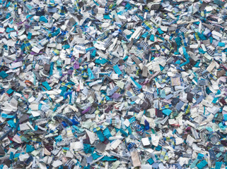 Recycling blue background. Zero waste concept. Textile recovery. Reusable of clothes. Second life...