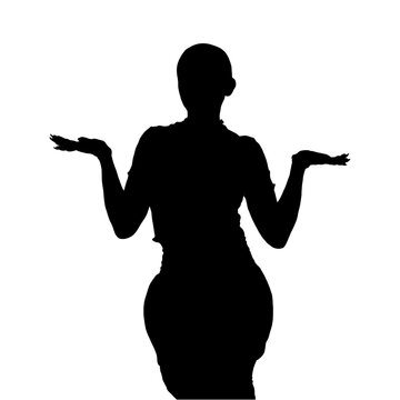 recommend clip art: Silhouette of a woman shrugging with both hands raised, expressing uncertainty or confusion in a gesture against a transparent background.
