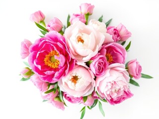 Fototapeta premium A vibrant arrangement of pink peonies and roses set against a white background with space for text, copy space, arrangement