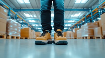 Brightly lit warehouse scene with boots