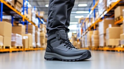 A worker’s boots in organized warehouse setting