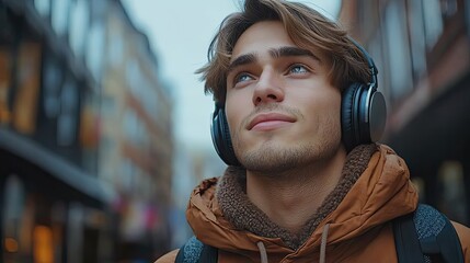 A young man listens to music while walking in the city, enjoying entertainment, podcasts, or meditation, a handsome and confident male student with stylish headphones