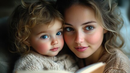 Obraz premium A young mother bonds with her toddler while reading a book