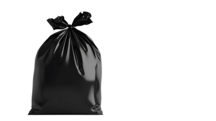 A black trash bag tied at the top for waste disposal.